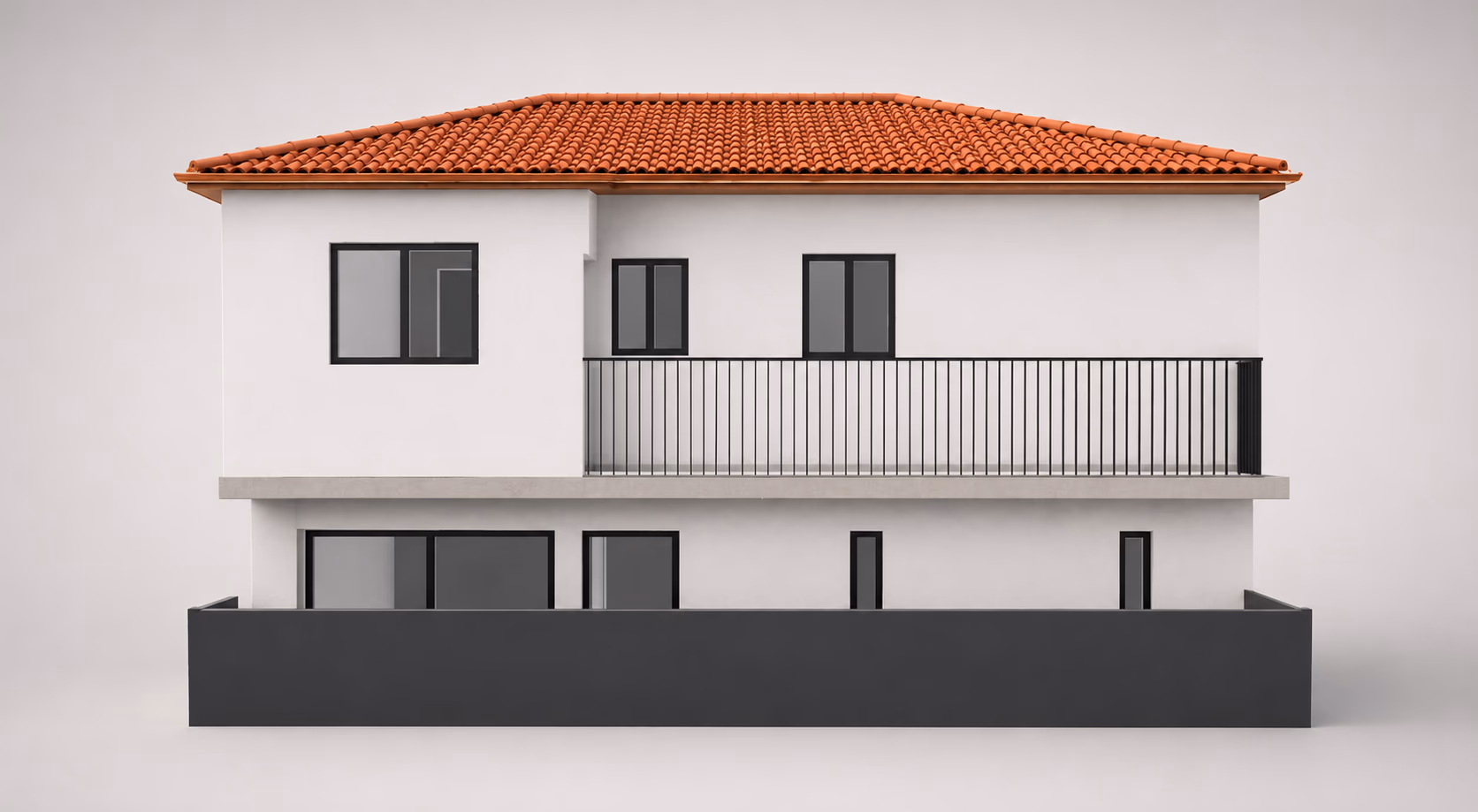 Alçado norte da moradia: o terraço do piso 0 atrás do parapeito escuro, com o vão de correr do quarto 2 e as janelas estreitas das casas de banho, e a varanda do piso 1 por cima